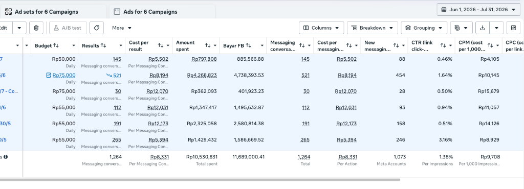Screenshot Meta Ads Manager 1.264 Conversions